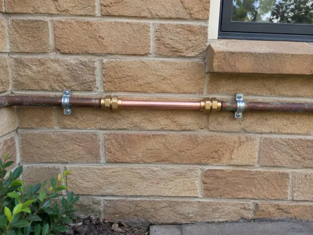 Repaired copper water pipe on a brick house wall near a window in Rhodes