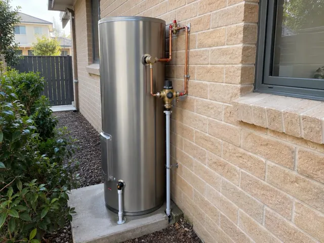 Stainless hot water system beside a brick house wall with exposed copper pipework in Breakfast Point